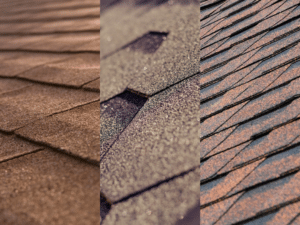 Close up photos of three types of asphalt roofing shingles