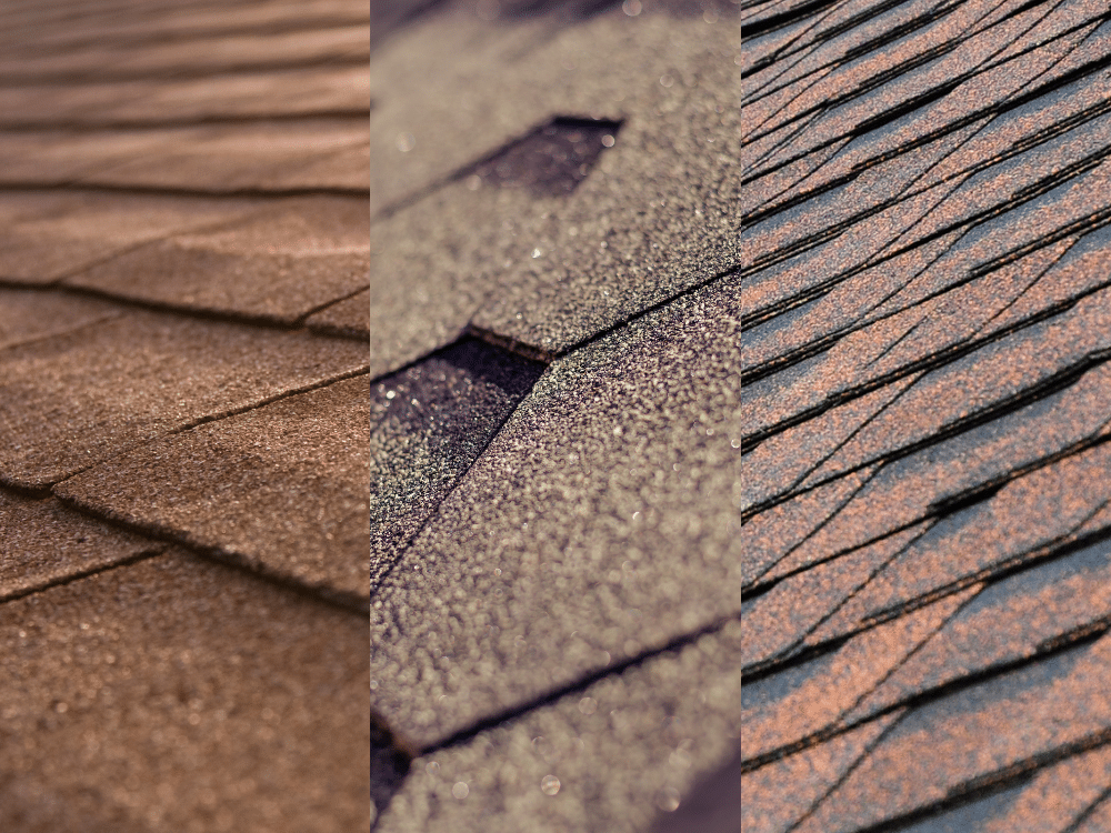 Close up photos of three types of asphalt shingles