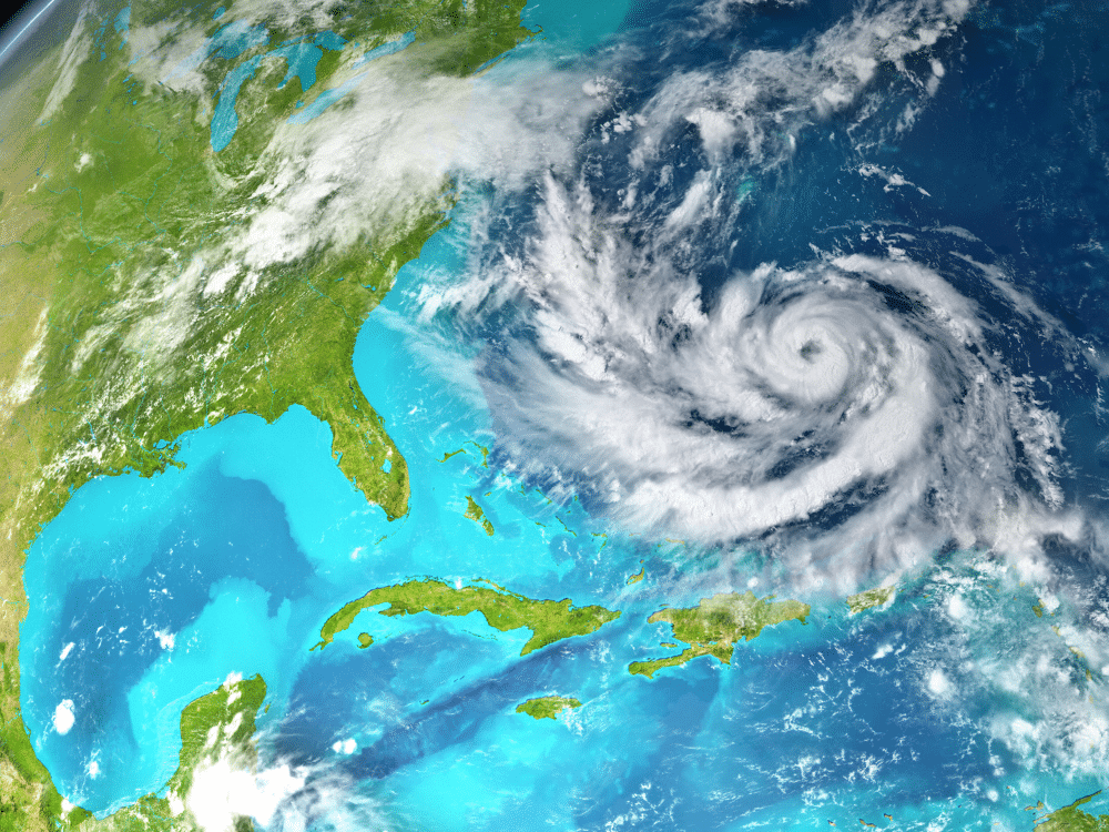Hurricane satellite view in the atlantic ocean toward the East Coast and North Carolina