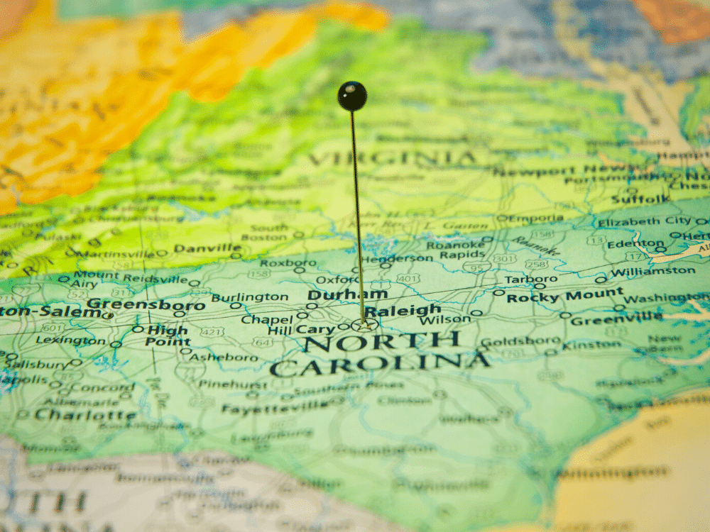 Map with a map pin on Raleigh North Carolina