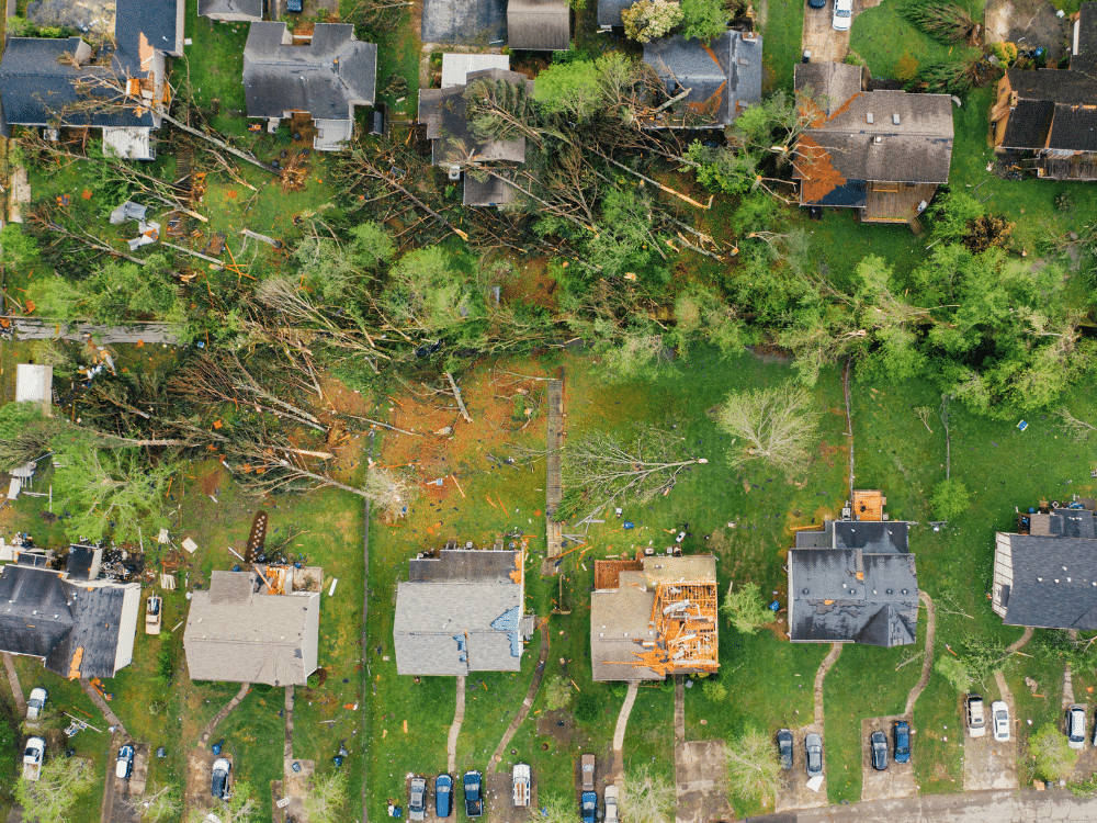 Aerial view neighborhood storm damage from hurricane weather