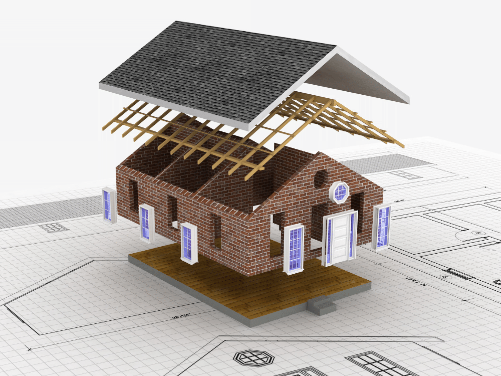 Illustration of a house divided into components including roof, rafters, brick, windows, floor, and foundation