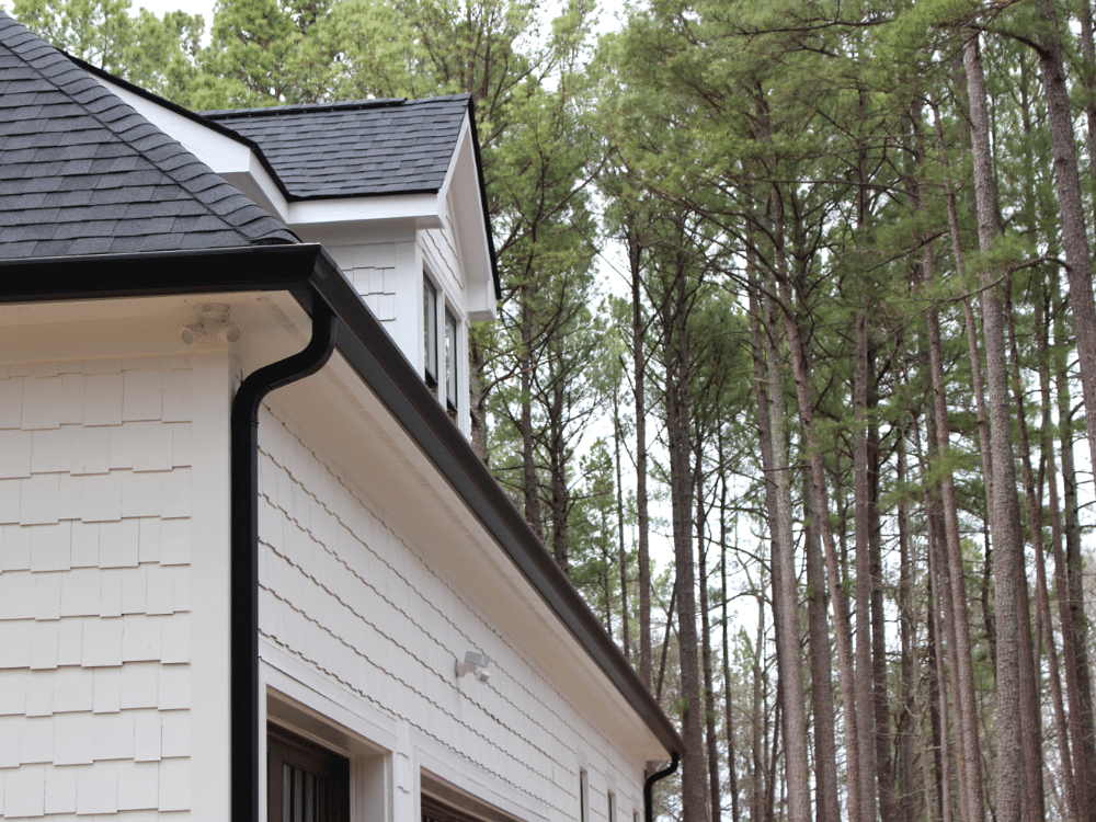 Farmhouse style - white siding - black gutters - dark gray roof