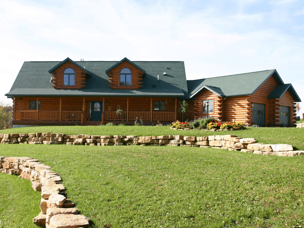log cabin with green roof