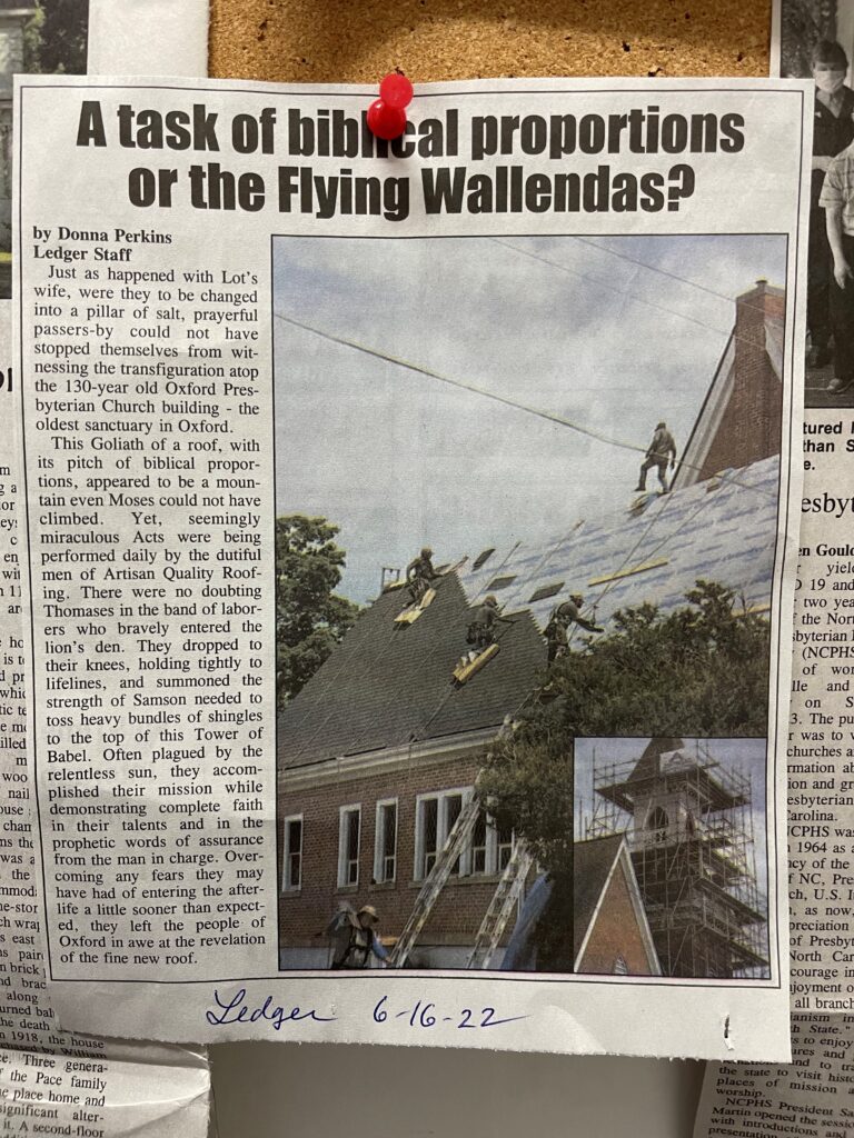 Church roof replacement news clipping Oxford NC
