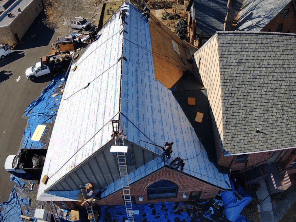 Aerial view church roof replacement
