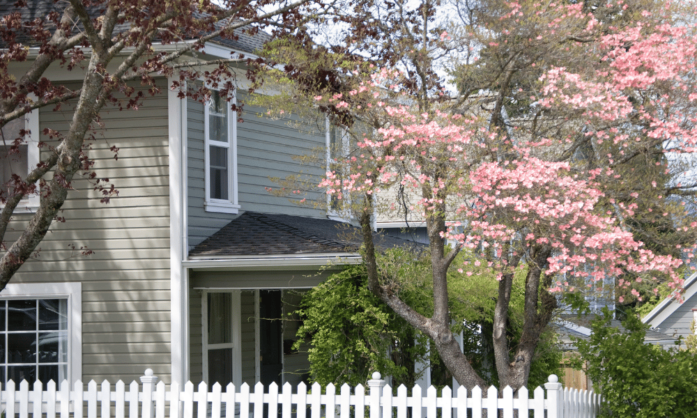 Shaded corner house with gray siding