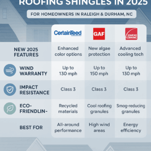 "Infographic showing roofing shingle features for North Carolina homeowners: durability, wind resistance, eco-friendliness"