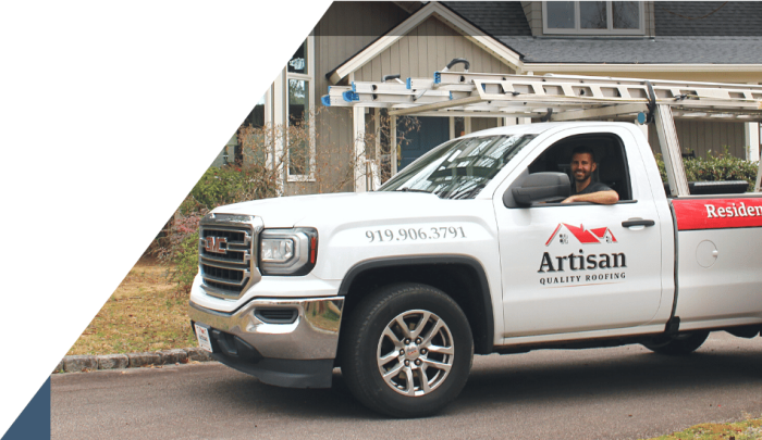 Artisan Quality Roofing Services Truck and roof technician